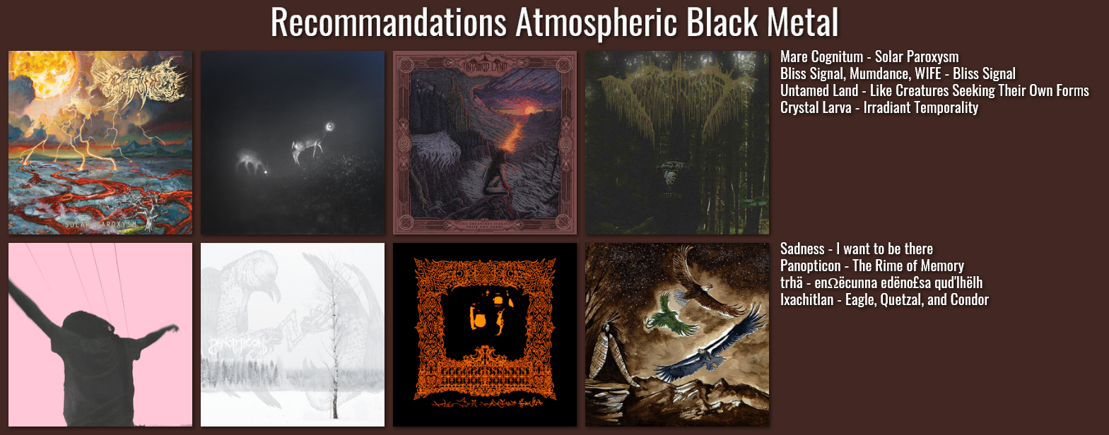 Chart des albums Atmospheric Black Metal recommandés : Mare Cognitum - Solar Paroxysm,  Bliss Signal, Mumdance, WIFE - Bliss Signal,  Untamed Land - Like Creatures Seeking Their Own Forms,  Crystal Larva - Irradiant Temporality,  Sadness - I want to be there,  Panopticon - The Rime of Memory,  trhâ - enQëcunna edênofsa qud'lhëlh,  lxachitlan - Eagle, Quetzal, and Condor