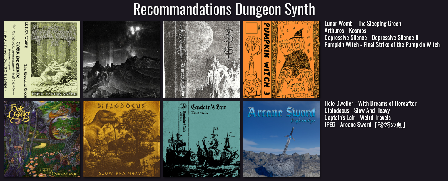 Chart des albums Dungeon Synth recommandés : Lunar Womb - The Sleeping Green, Arthuros - Kosmos, Depressive Silence - Depressive Silence Il, Pumpkin Witch - Final Strike of the Pumpkin Witch, Hole Dweller - With Dreams of Hereafter, Diplodocus - Slow And Heavy, Captain's Lair - Weird Travels, JPEG - Arcane Sword